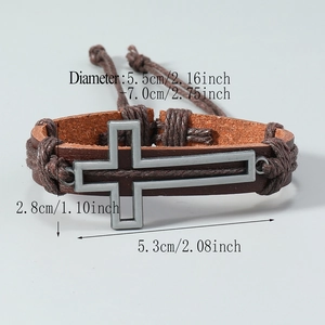 Retro handmade braided leather bracelet for men featuring a gray matte metal cross pendant
