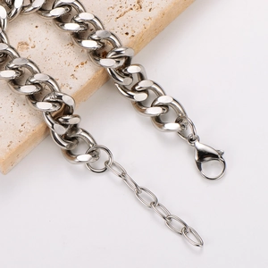 S-shaped silver stainless steel chunky cuban chain bracelet with lobster clasp and extender