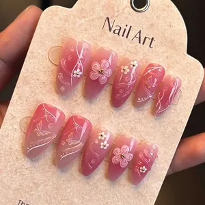 Pink Gradient Press On Nails 3D Relief Flowers Butterfly Artificial Pearl Decor Long Almond Shape Sweet Artificial Nail Tips