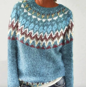 Close-up of Fair Isle knit pattern and texture on a blue colorblock crewneck sweater