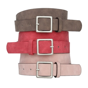 Women's faux suede belts with square silver buckles in brown, red, and pink colors
