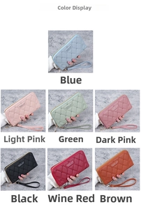 Detailed display of long zip-around wallets in seven colors with heart quilt pattern