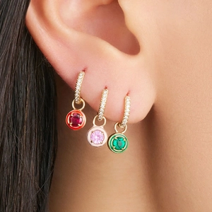 S925 silver needle gold hoop earrings with colorful zircon and enamel round pendants