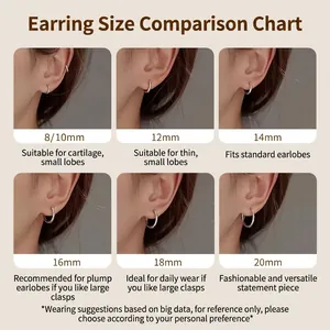 Size comparison chart for gold and silver two-tone hoop earrings from 8mm to 20mm