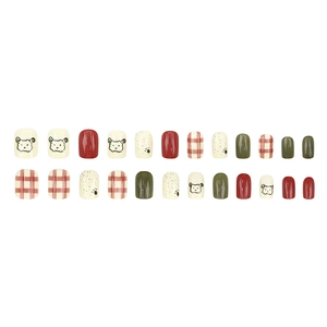 Short square press-on nails featuring red checkered patterns and cute puppy motifs