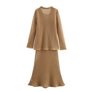 Women's beach vacation style camel hollow mesh knit set with long sleeve top and maxi skirt