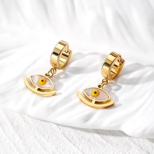 Retro gold stainless steel evil eye teardrop earrings with white mother of pearl inlay