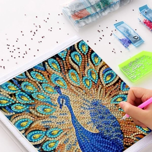 5D DIY Diamond Painting Kit featuring a vibrant peacock design with all necessary craft tools