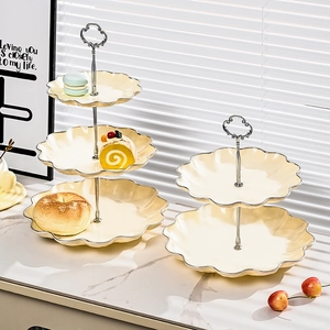 Luxury multi-tier beige ceramic fruit and cake stand with silver edges for home decor