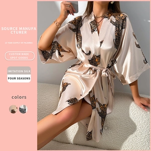 Women Leopard Print Satin Robe Imitation Satin Kimono Nightgown Belted V-Neck Sleepwear Homewear Casual