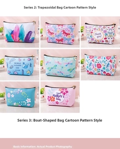 Close-up of waterproof PU leather makeup bags with various floral and feather prints
