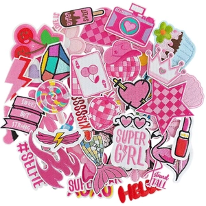 Pink Embroidered Patches For DIY Clothing Jackets Bags Cute Girl Power Hearts Stars Iron On Fabric Applique