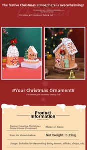 Detailed view of resin gingerbread snow house with festive candy accents and snow decor