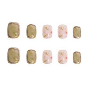 Short square olive green marble press-on nails with amber tint and pink flower designs