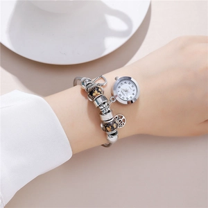 Elegant beaded quartz bracelet watch for women with heart charm and tree of life pendant