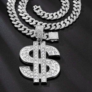 Silver iced-out dollar sign pendant with cuban link chain for men hip hop style