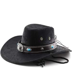Chapeau de cowboy noir style western avec texture craquelée, logo taureau et perles