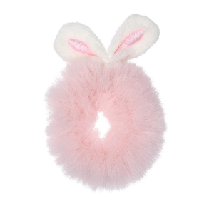 Close-up of a pink plush scrunchie with soft white rabbit ears on a white background