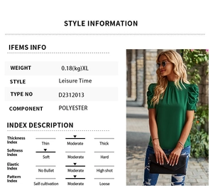 Size chart and fabric details of women's green short sleeve top in leisure style