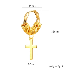 Detailed dimensions of gold dragon totem hoop earrings with cross pendant and beads