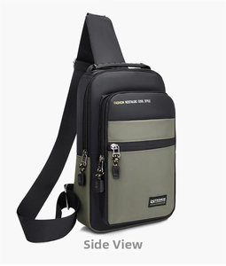 Close-up of waterproof nylon chest bag in black and olive green with fashion lettering
