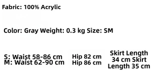 Detailed size chart for grey knitted cardigan tank top and skirt set in size S and M
