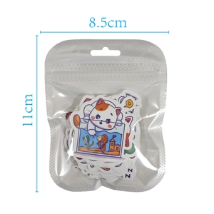Detail view of 50pcs waterproof cartoon cat stickers in a 8.5x11cm self-sealing bag