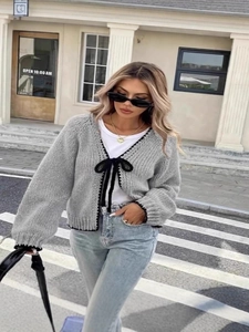 Women Knit Cardigan Sweater Long Sleeve Bow Tie Front Contrast Scalloped Trim Casual Sweet Streetwear