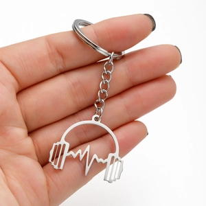 Polished stainless steel keychain featuring unique heart rhythm and headphone pendant design