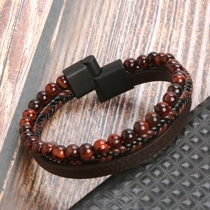 Mens double-layered leather and brown tiger eye stone bracelet with black metal clasp