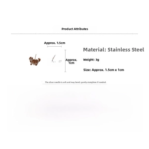 Detail showing asymmetric cat and fishbone stud earrings with dimensions and material info