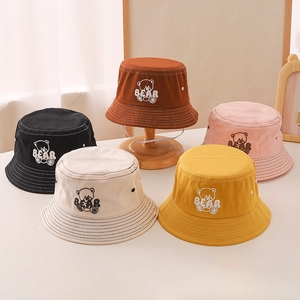 Kids cute cartoon bear bucket hats set in five colors with reinforced stitching and embroidery