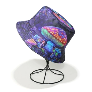 Detailed close-up of a bucket hat featuring colorful mushroom and skull neon prints