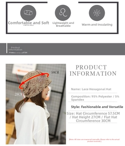 Detailed size chart and specifications for lace hexagonal hat with floral design
