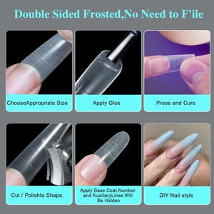 Step-by-step application of clear double-sided frosted nail tips with guide lines