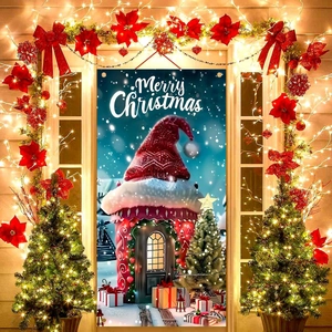 Christmas Door Banner Polyester Hanging Backdrop Merry Christmas Snowy House Outdoor Yard Garden Festive Home Decoration