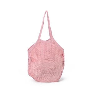 Close-up of pink woven mesh shopping bag texture with reinforced handles on white background