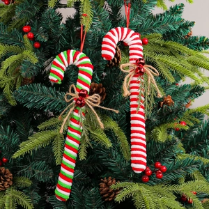 Christmas Candy Cane Ornaments Plush Stripe Hanging Xmas Tree Decoration With Bells And Pine Needles Festive Home Decor