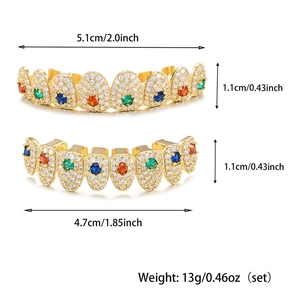 Detailed size map of gold hip-hop grillz set with colorful rhinestones and dimensions