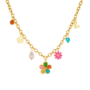 Gold stainless steel link necklace with colorful resin daisy and butterfly charms
