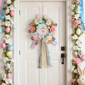 Easter bunny wreath with roses and colorful eggs on white door decorative hanger