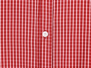 Detailed macro view of red and white gingham poplin shirt fabric with a white button