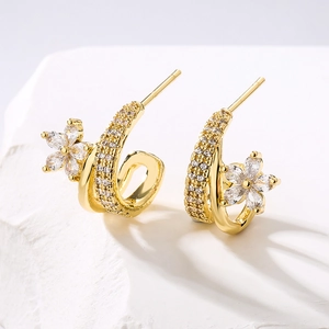 Flower Zircon Geometric C-Shape Stud Earrings 18K Gold Plated Copper Small Elegant Colorful Minimalist Accessory For Women