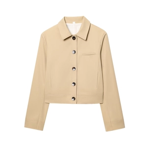 Women's shoulder-padded cropped jacket and straight pants set in beige flat lay view