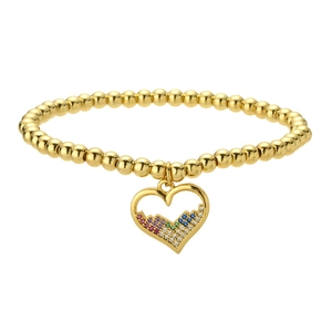 Gold beaded heart bracelet with colorful zircons on white background minimalist beach style