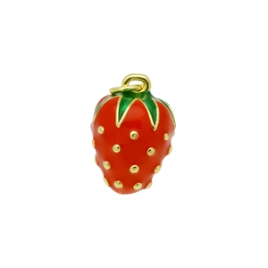 Detailed view of red enamel strawberry pendant with green leaves and gold accents