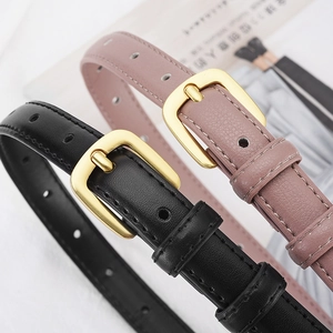 Stylish thin leather belts for women in black and pink with gold metal square buckles