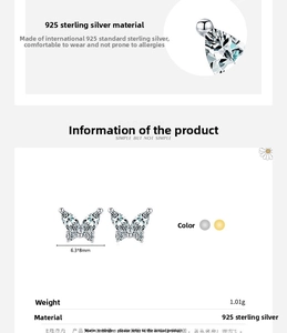 Détails des boucles d'oreilles papillon en argent 925 avec taille 6,3x8mm et poids de 1,01g