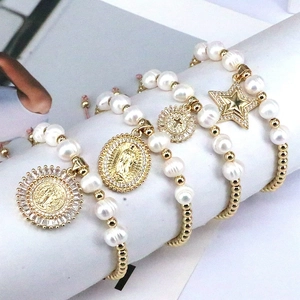 Freshwater Pearl Copper Bead Bracelet With Zircon Star Cross Mary Religious Pendant Adjustable Cord For Women