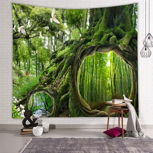 Detailed close-up of forest landscape tapestry with HD digital printing on white brick wall